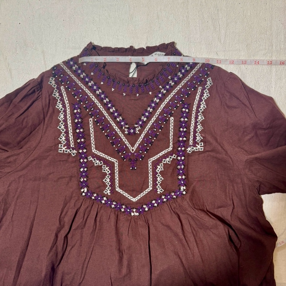 Zara Embroidered & Beaded Long-Sleeve Tunic - Brown with White & Purple Accents - Picture 11 of 13